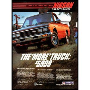 1985 Nissan Pickup Truck Vintage Print Ad Cowboy Hat Red Vest Farm Wall Art